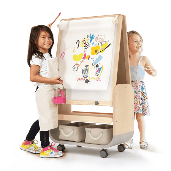 3-in-1 Art Easel for Kids Double-Sided Board Easel with Wheels and Storage Bags Adjustable Height Easel for Toddlers Magnetic Chalkboard & Whiteboard,Grey