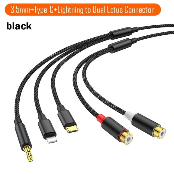3-in-1 Audio Converter Cable-ended lotus-shaped audio cable: 3.5mm + Type-C + USB male to RCA female stereo high-definition,3.5+C+Lightning