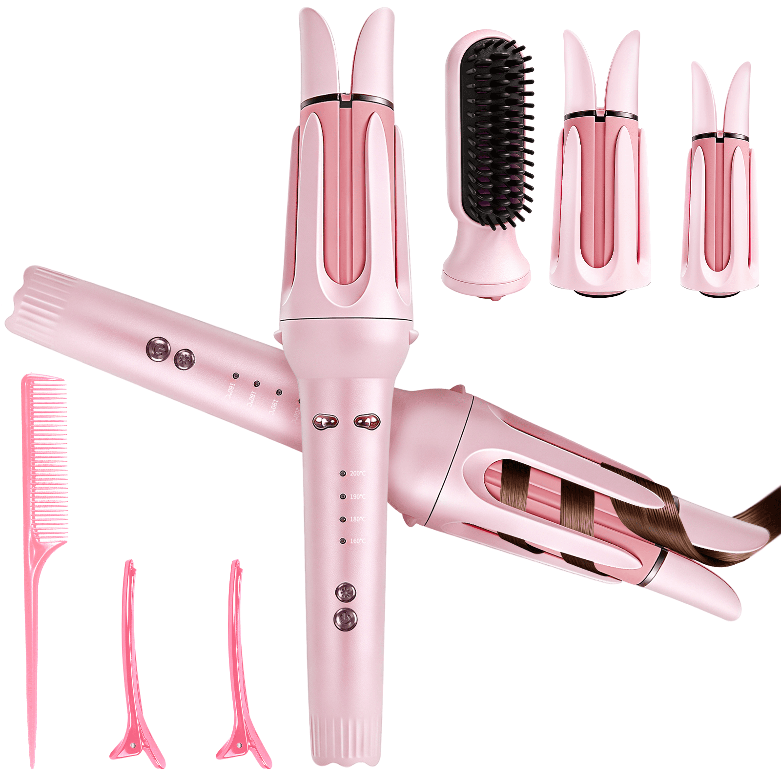 3-in-1 Auto Rotating Curling Iron with 32mm & 38mm Barrels, Waver & Straightener Brush, Anti-Scald Hair Styler Pink