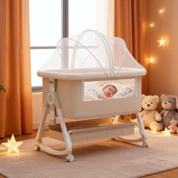 3-in-1 Baby Bassinet Bedside Sleeper, Adjustable Rocking Crib with Lockable Wheels, Mosquito Net, Mattress & Storage Basket for Newborns