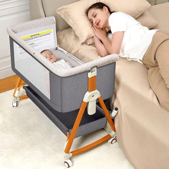 3-in-1 Baby Bassinet & Bedside Sleeper, Foldable Portable Crib with Adjustable Height, Breathable Mesh, 360 Wheels and Storage Basket, Light Grey