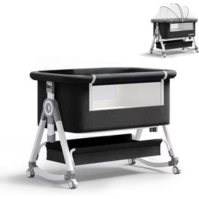 3-in-1 Baby Bassinet Bedside Sleeper with Wheels, Mosquito Net, Mattress and Storage Basket,Dark Gray