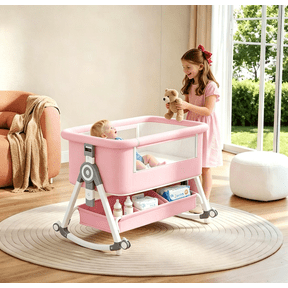 3-in-1 Baby Bassinet Bedside Sleeper with Wheels, Mosquito Net, Mattress and Storage Basket