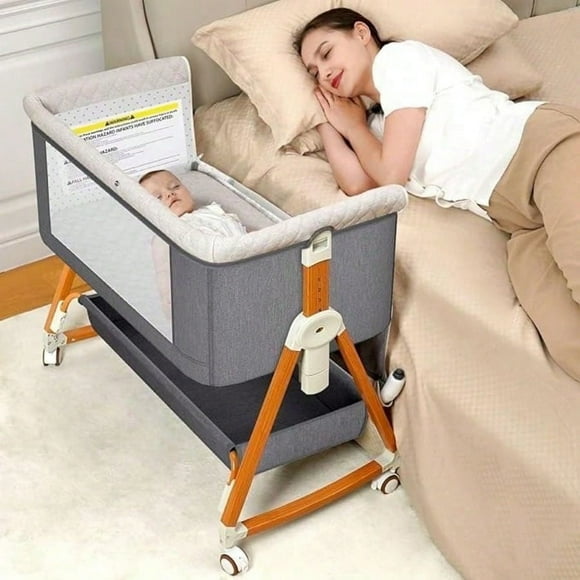 kmaier 3 in 1 Baby Bassinet Sleeper, 6-Section Height Adjustable Crib, Foldable Portable Crib Side Sleeper- Light Gray