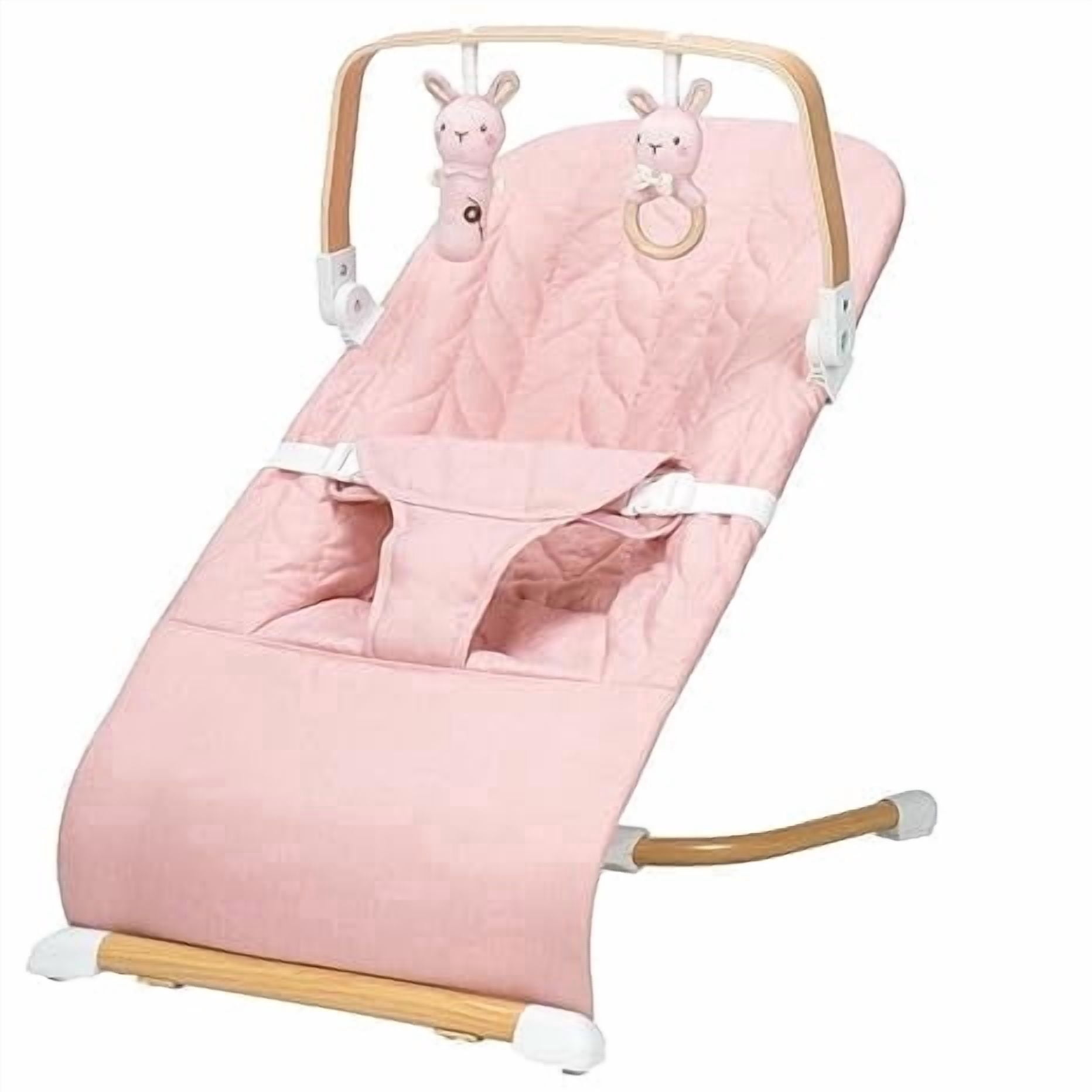 3 in 1 Baby Bouncer (Sit, Play & Relax),3 Recline Positions,Foldable Baby Rocker Chair W/ Removable Wooden Bar for 0-12 Months Infant & Toddler,Pink