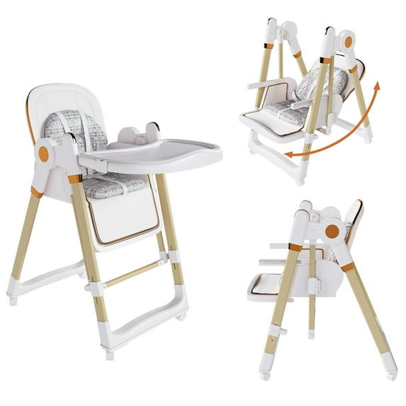 3-in-1 Baby High Chair with 5-Point Harness,Foldable Infant Feeding Chair with Silent Locking Wheels and Removable 2-Tier Easy-Clean Tray