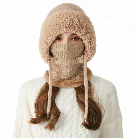 3-in-1 Balaclava Hat, Fleece Lined Knit with Scarf and Mask, Windproof Winter Warmth for Women and Men