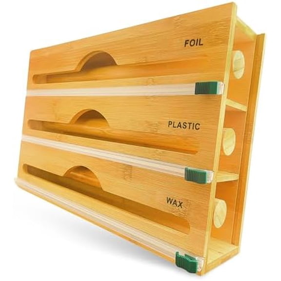 3-in-1 Bamboo Wrap Organizer with Cutters, Labels, Interior Holders, Anti-Slip Pads - Kitchen Drawer, Pantry, Storage for Plastic Wrap, Aluminum Foil, Wax Paper, Kitchen Storage, 12" Roll Holder