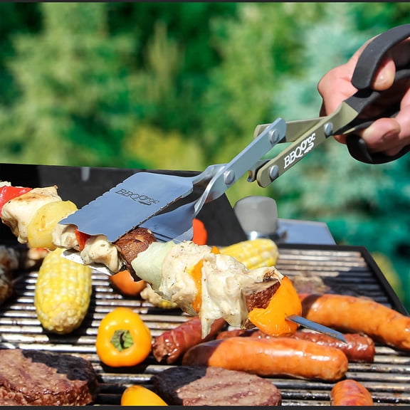 BBQ Croc 3-in-1 Barbecue Tool 18-inch + 15-inch 2-Pack - Extra Light and Long Tongs, Spatula and Grill Scraper (Blue) (18 inch + 15 inch)