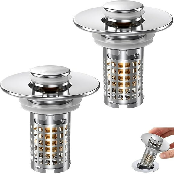 3-in-1 Bathroom Sink Drain Strainer, Stainless Steel Pop-up Strainer Basket Hair Catcher with Removable Basket, Brass Bullet Core, Universal Fit 1.1-2.36 Inch