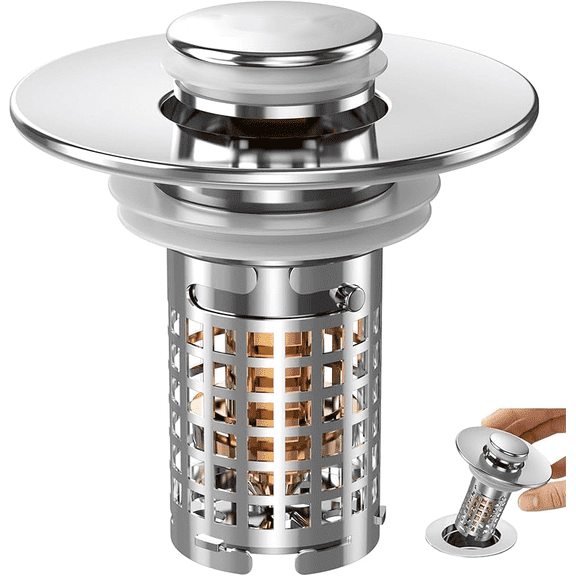 3-in-1 Bathroom Sink Drain Strainer, Stainless Steel Pop-up Strainer Basket Hair Catcher with Removable Basket, Brass Bullet Core, Universal Fit 1.1-2.36 Inch