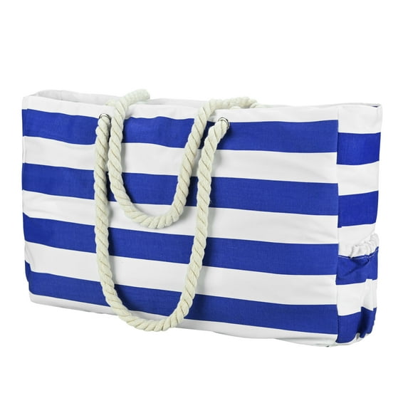 3 in 1 Beach Bag Striped Waterproof Lining Travel Tote Bag 6 Gallon Blue