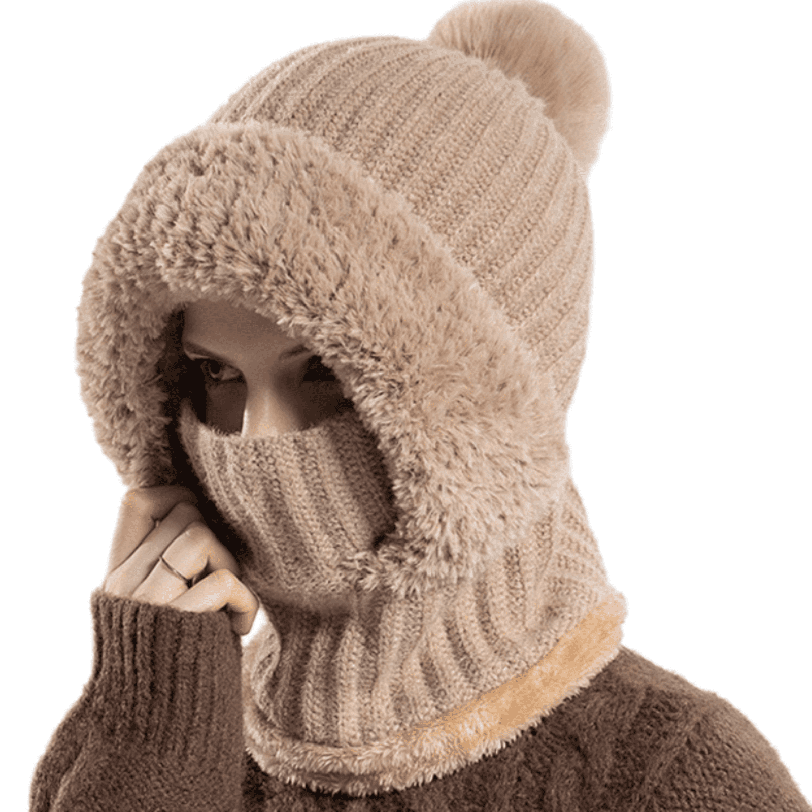 3 in 1 Beanie Hat For Women, Fleece Lined Knit Beanie Hat with Scarf and Mask, Fall Winter Warm Knitted Ski Scarf and Mask Set for Cold Weather