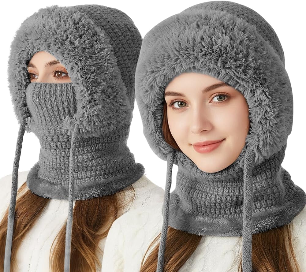 3 in 1 Beanie Hat For Women, with Scarf and Mask, Women's Outdoors Windproof Scarf Hat, Knitted Ski Mask Set