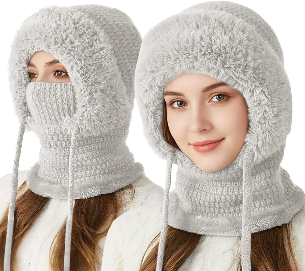 3 in 1 Beanie Hat For Women, with Scarf and Mask, Women's Outdoors Windproof Scarf Hat, Knitted Ski Mask Set