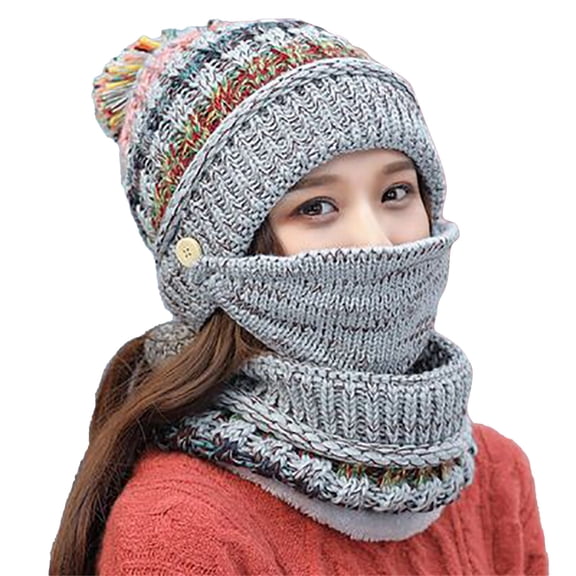3 in 1 Beanie Hat With Scarf And Mask Fitness Winter Hats Trendy Womens Scarves Cotton Grey Beanie