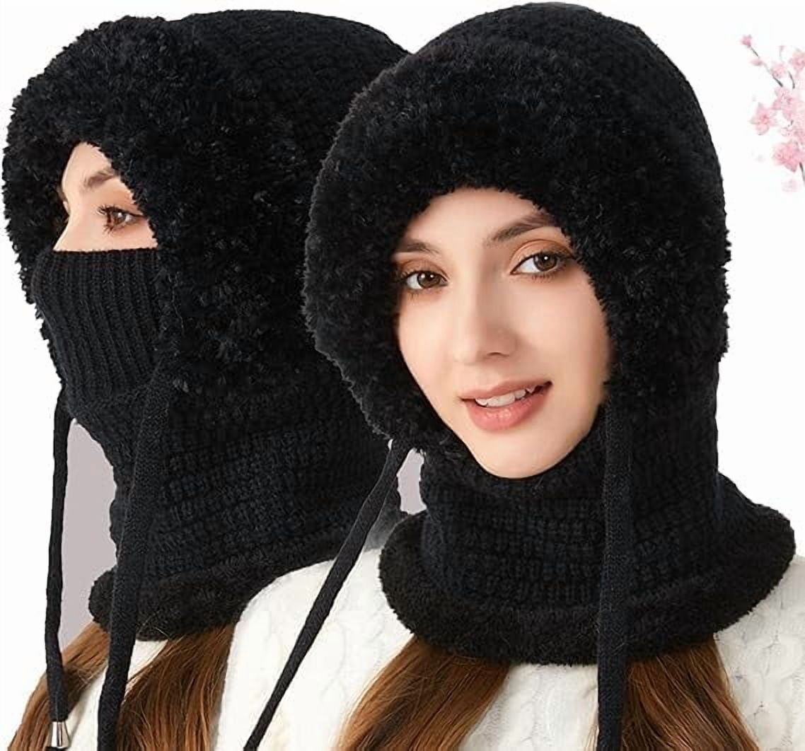 3-in-1 Beanie Hat for Women with Scarf and Mask - Winter Balaclava, Knitted Fleece-Lined Hat, Neck Gaiter & Face Cover for Cold Weather, Skiing, Hiking