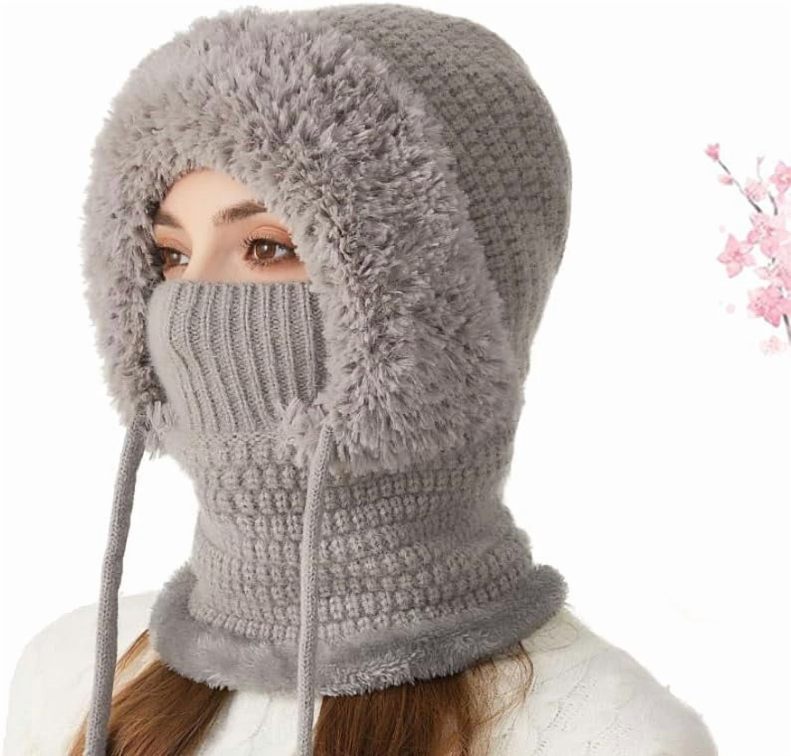 3-in-1 Beanie Hat for Women with Scarf and Mask - Winter Balaclava, Knitted Fleece-Lined Hat, Neck Gaiter & Face Cover for Cold Weather, Skiing, Hiking