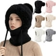 thumbnail image 1 of 3 in 1 Beanie Hat for Women, Balaclava Winter Knitted Hooded Hat Scarf Ear Face Cover Plush Lined Thickened Windproof,Black, 1 of 4