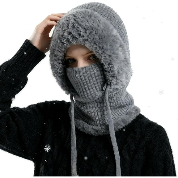 3 in 1 Beanie Hat for Women – Cold Resistant Knit Hooded Scarf & Neck Warmer, Thick Plush-Lined Winter Hat