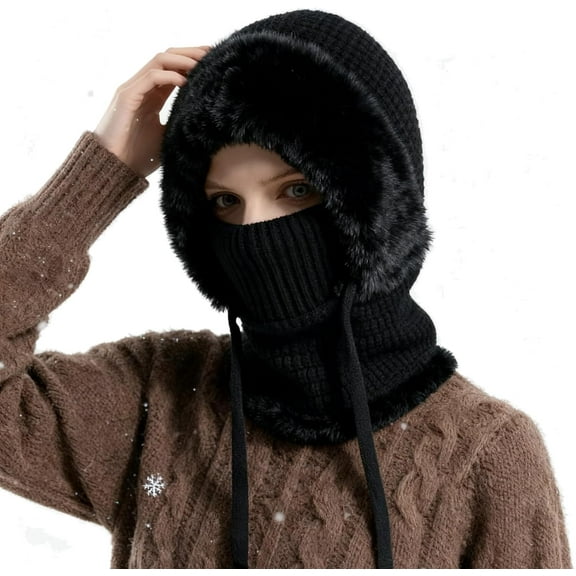 3 in 1 Beanie Hat for Women – Cold Resistant Knit Hooded Scarf & Neck Warmer, Thick Plush-Lined Winter Hat