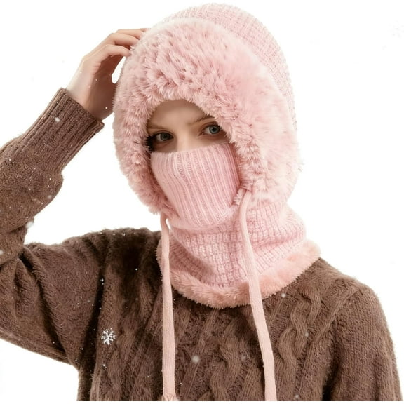 3 in 1 Beanie Hat for Women – Cold Resistant Knit Hooded Scarf & Neck Warmer, Thick Plush-Lined Winter Hat