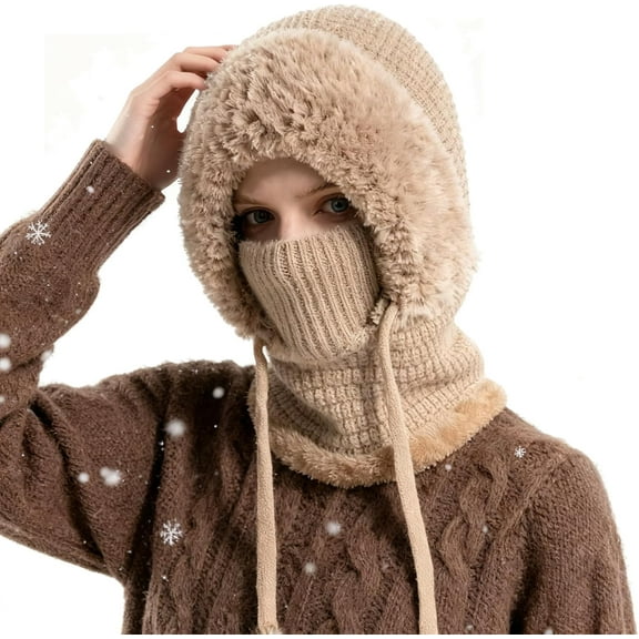 3 in 1 Beanie Hat for Women – Cold Resistant Knit Hooded Scarf & Neck Warmer, Thick Plush-Lined Winter Hat
