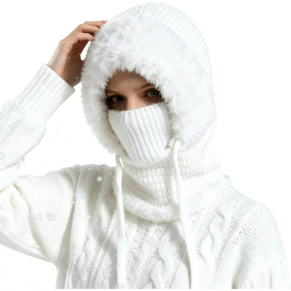 3 in 1 Beanie Hat for Women – Cold Resistant Knit Hooded Scarf & Neck Warmer, Thick Plush-Lined Winter Hat