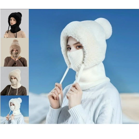 3 in 1 Beanie Hat for Women, Fall Winter Warm Knitted Windproof Balaclava Scarf with Face Cover for Outdoor Skiing Hiking White Free