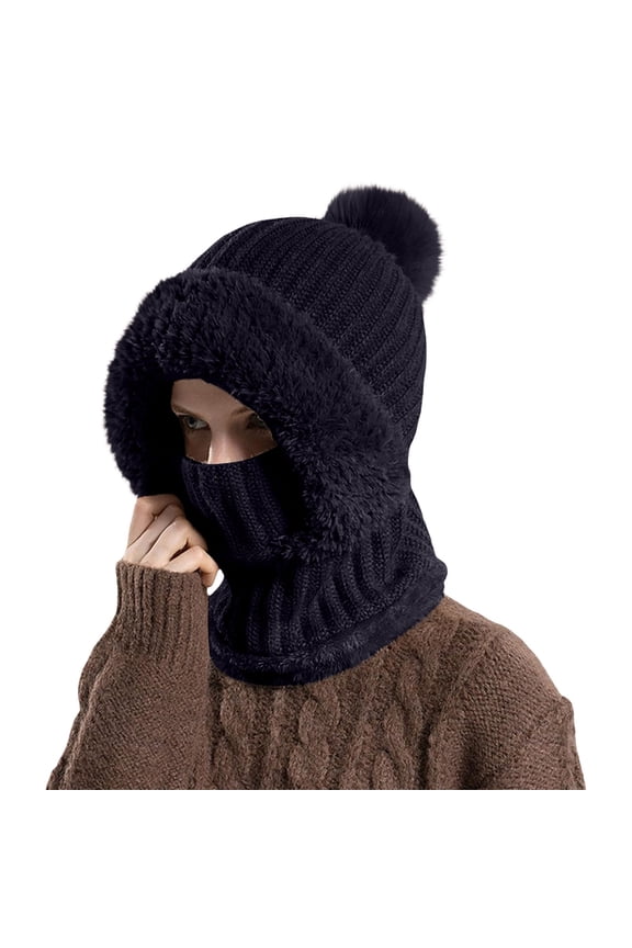 3 in 1 Beanie Hat for Women Fleece Beanies for Men Fashion Accessories Face Mask Pom Pom Plush Women's Hats & Caps Navy