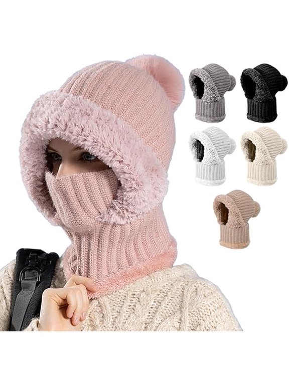 3 in 1 Beanie Hat for Women,Fleece-Lined Balaclava Scarf Hood(Pink)