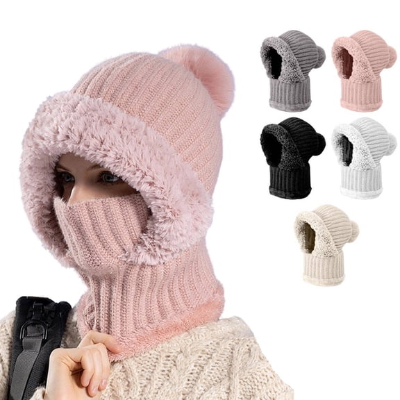 3 in 1 Beanie Hat for Women, Fleece Lined Knit Balaclava Scarf Set, Warm Winter Pom Hat for Cold Weather Pink L