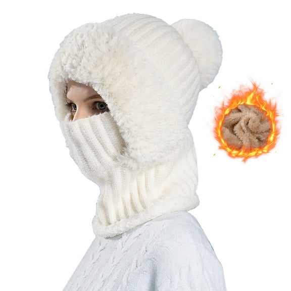 3 in 1 Beanie Hat for Women, Fleece Lined Knit Balaclava Scarf Set, Warm Winter Pom Hat for Cold Weather