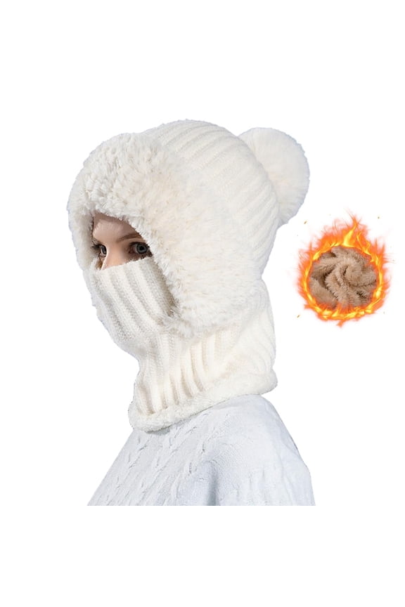 3 in 1 Beanie Hat for Women, Fleece Lined Knit Balaclava Scarf Set, Warm Winter Pom Hat for Cold Weather
