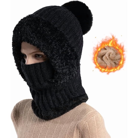 3 in 1 Beanie Hat for Women, Fleece Lined Knit Balaclava Scarf Set, Warm Winter Pom Hat for Cold Weather