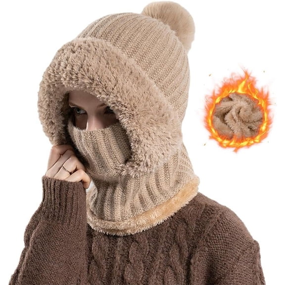3 in 1 Beanie Hat for Women, Fleece Lined Knit Balaclava Scarf Set, Warm Winter Pom Hat for Cold Weather