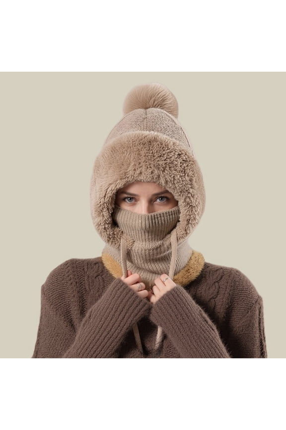 3 in 1 Beanie Hat for Women, Windproof Fleece Face Mask, Thermal Neck Gaiter, for Skiing Snowboarding Running Cycling Khaki One Size