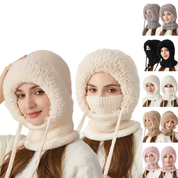3 in 1 Beanie Hat for Women Winter Balaclava Hooded Scarf Mask Set Windproof Fleece Lined Knitted Ski Cap Outdoor Sports 2026 White