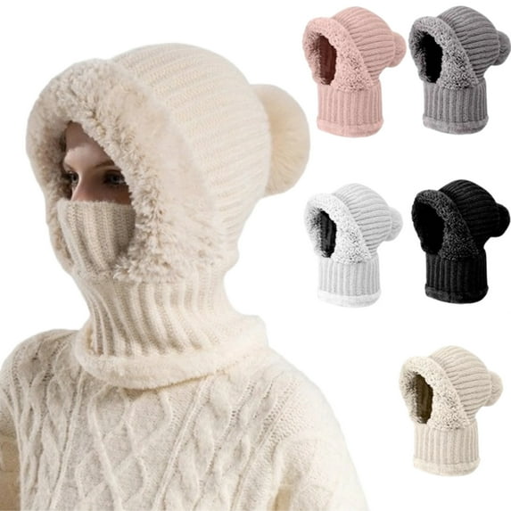 3 in 1 Beanie Hat for Women, Winter Warm Knitted Balaclava Scarf with Face Cover, Windproof Fleece Lined Ski Snow Hat,Beige
