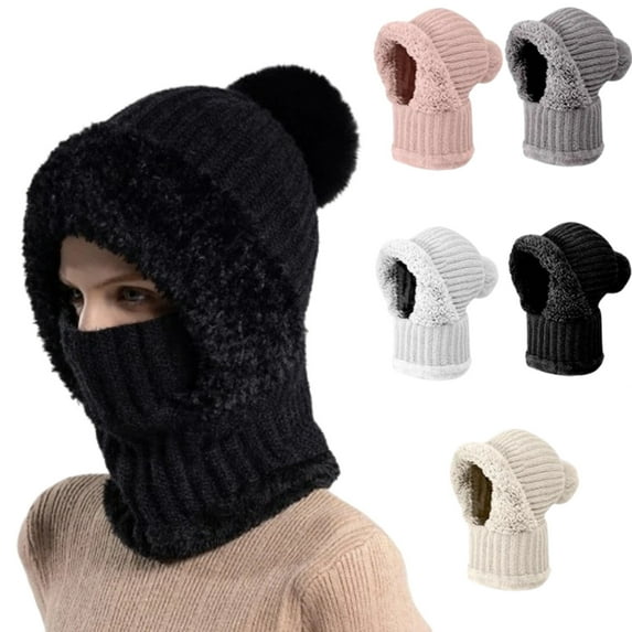 3 in 1 Beanie Hat for Women, Winter Warm Knitted Balaclava Scarf with Face Cover, Windproof Fleece Lined Ski Snow Hat,Black