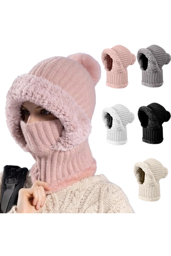 3 in 1 Beanie Hat for Women, Winter Warm Knitted Balaclava Scarf with Face Cover, Windproof Fleece Lined Ski Snow Hat,Pink