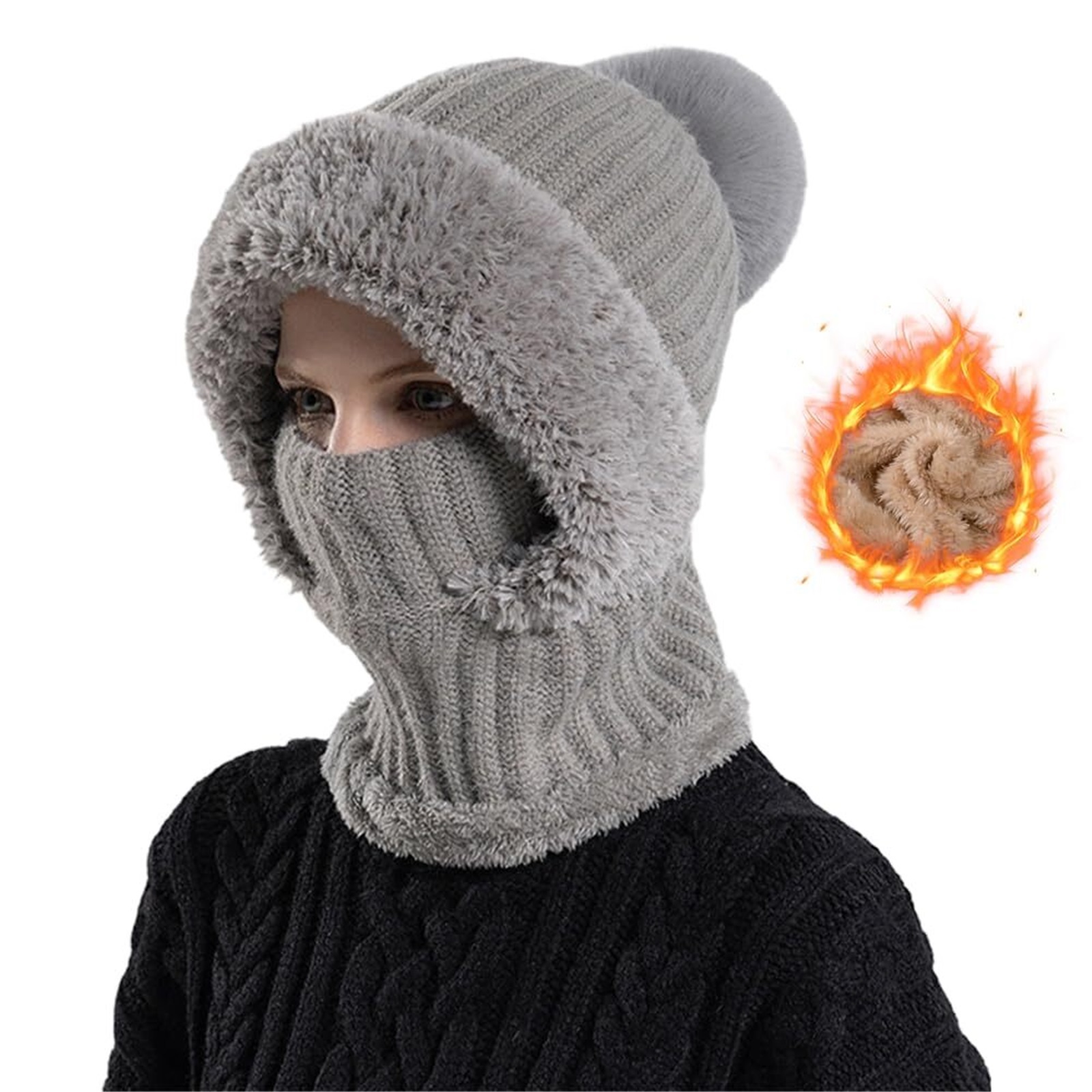 3 in 1 Beanie Hat for Women, Winter Warm Knitted Balaclava Scarf with Face Cover, Windproof Fleece Lined Ski Snow Hat
