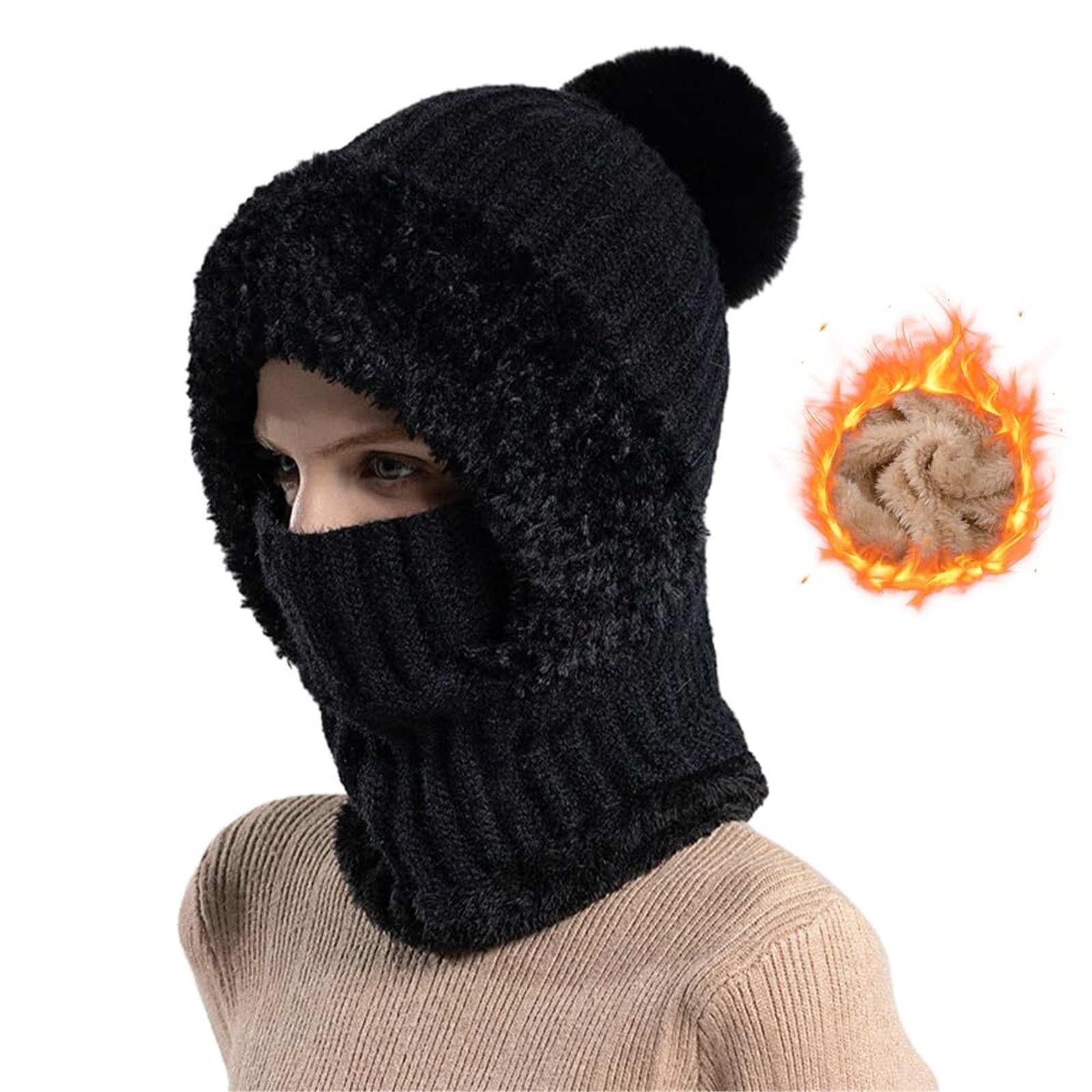 3 in 1 Beanie Hat for Women, Winter Warm Knitted Balaclava Scarf with Face Cover, Windproof Fleece Lined Ski Snow Hat