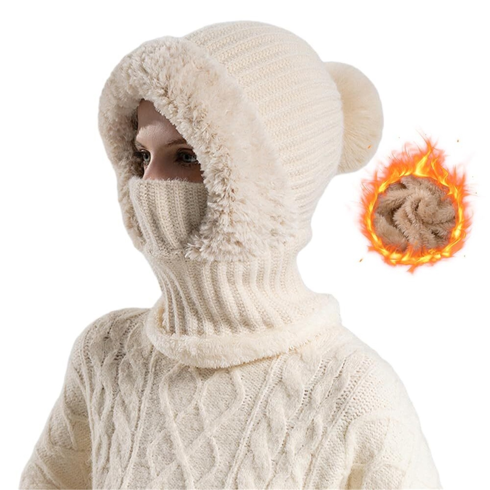 3 in 1 Beanie Hat for Women, Winter Warm Knitted Balaclava Scarf with Face Cover, Windproof Fleece Lined Ski Snow Hat