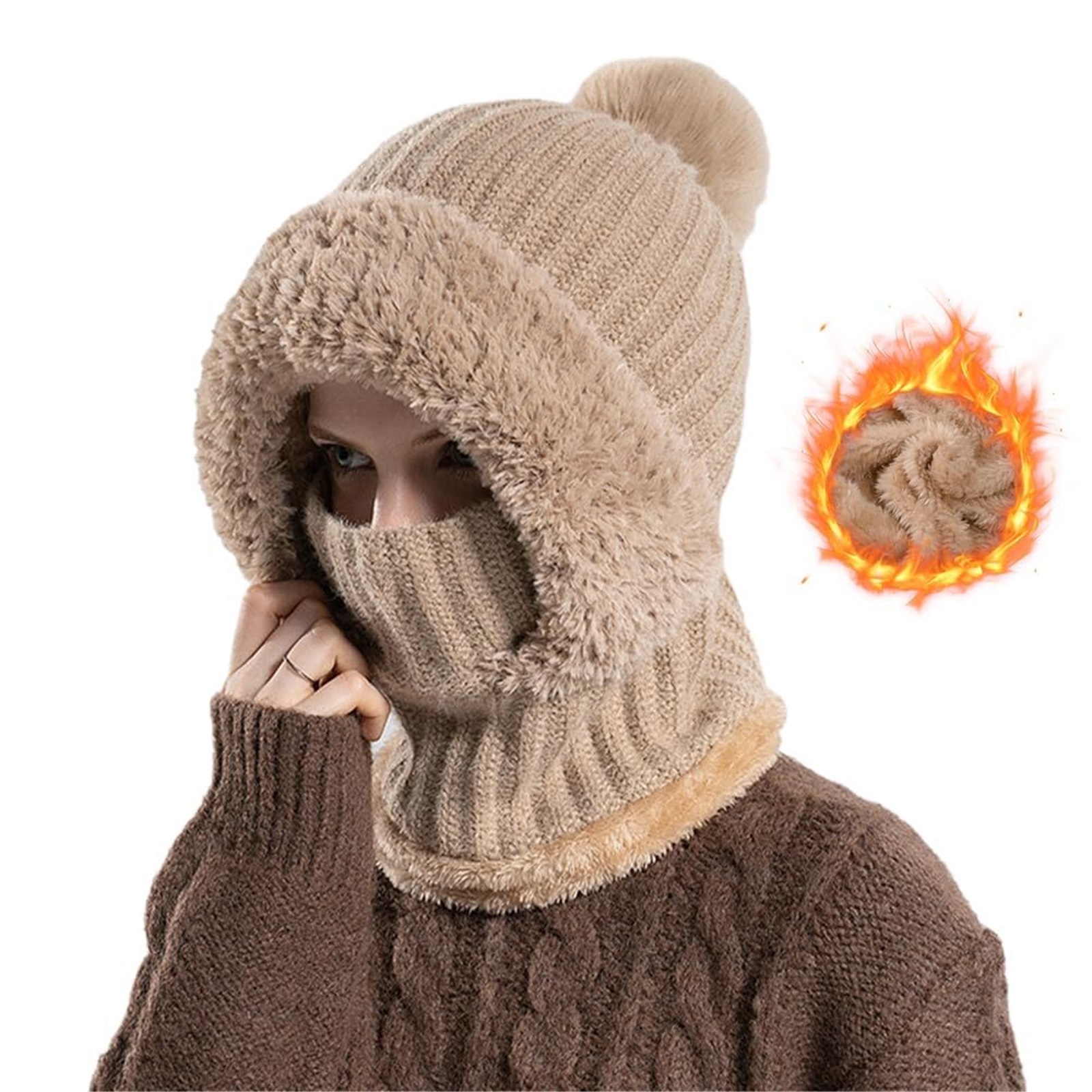 3 in 1 Beanie Hat for Women, Winter Warm Knitted Balaclava Scarf with Face Cover, Windproof Fleece Lined Ski Snow Hat