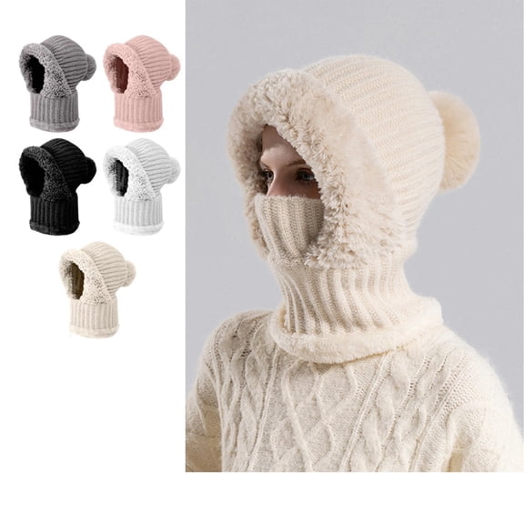 3 in 1 Beanie Hat for Women, Winter Warm Knitted Scarf with Face Cover, Windproof Fleece Lined Ski Snow Hat Beige Free