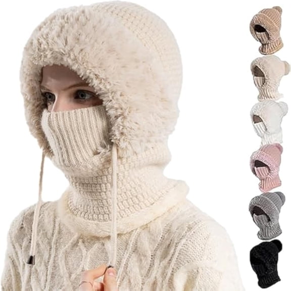 3 in 1 Beanie Hat for Women, Women’S Thermal Knit Hood Fleece-Lined Winter Hat, Neck Warmer & Face Cover Combo