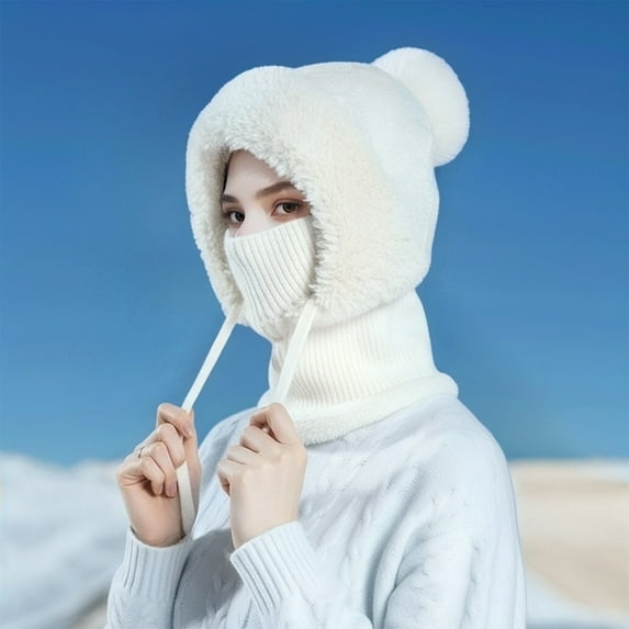 3 in 1 Beanie Hat for Women, Women's 3-in-1 Winter Beanie Hat with Ear Flaps, Neck Warmer & Face Mask 55cm-60cm White Free