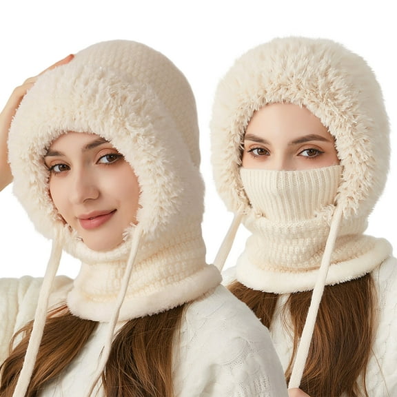 3 in 1 Beanie Hat for Women, Womens Balaclava Winter, Cold Knitted Hats Wind Resistant Hooded Scarf, Thick Plush-Lined Beige One Size