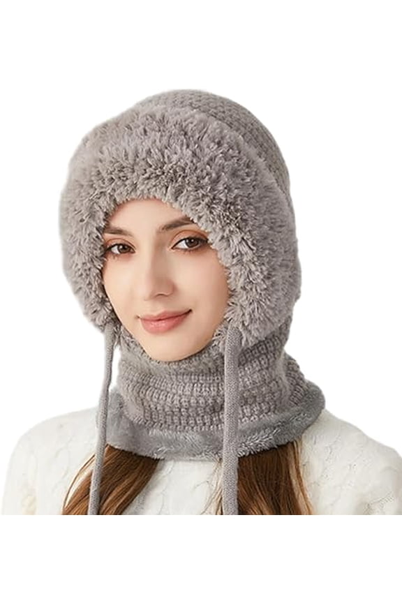 3 in 1 Beanie Hat for Women, Womens Balaclava Winter, Cold Knitted Hats Wind Resistant Hooded Scarf, Thick Plush-Lined (Gray)